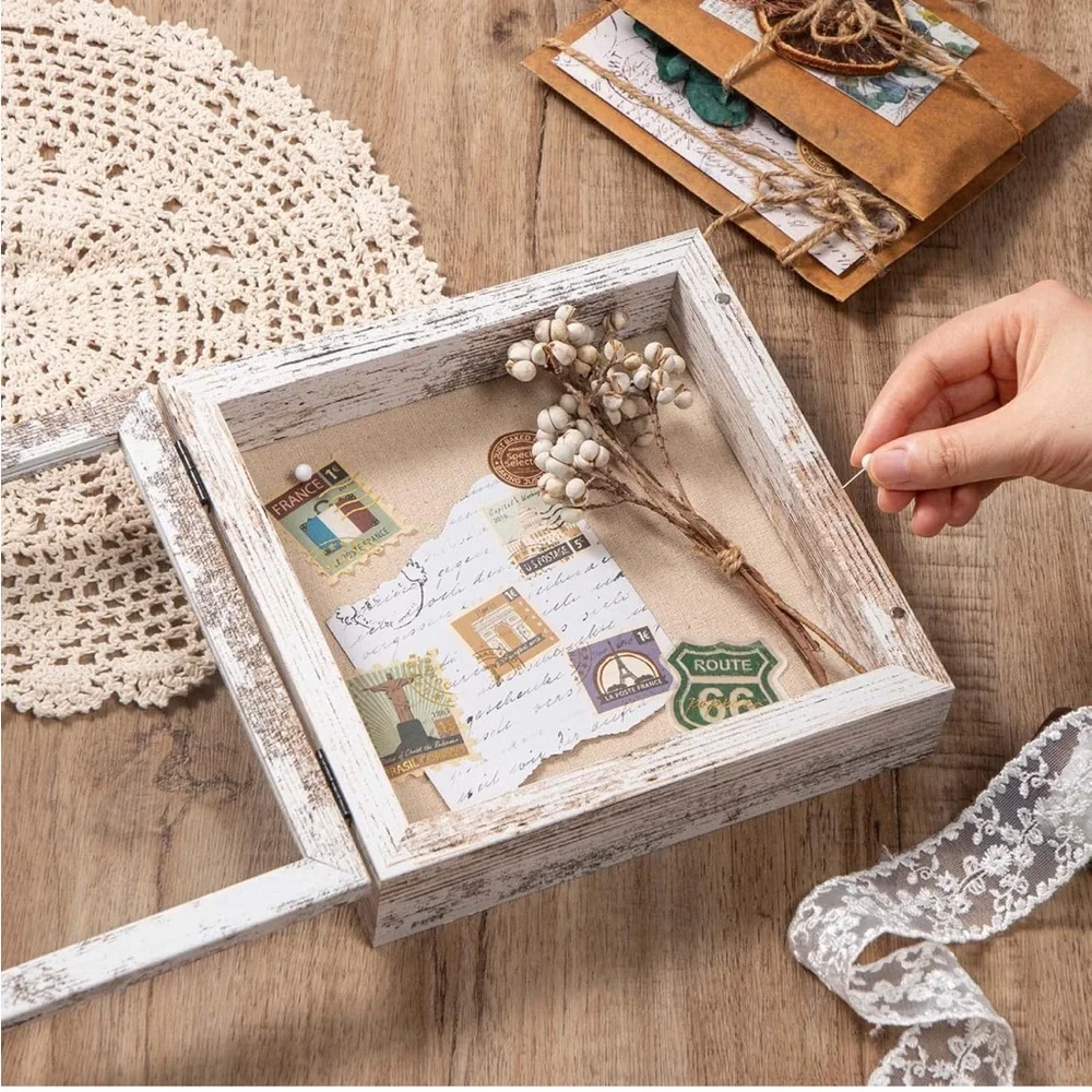 Rustic White Wood Shadow Box Display with Travel Ephemera